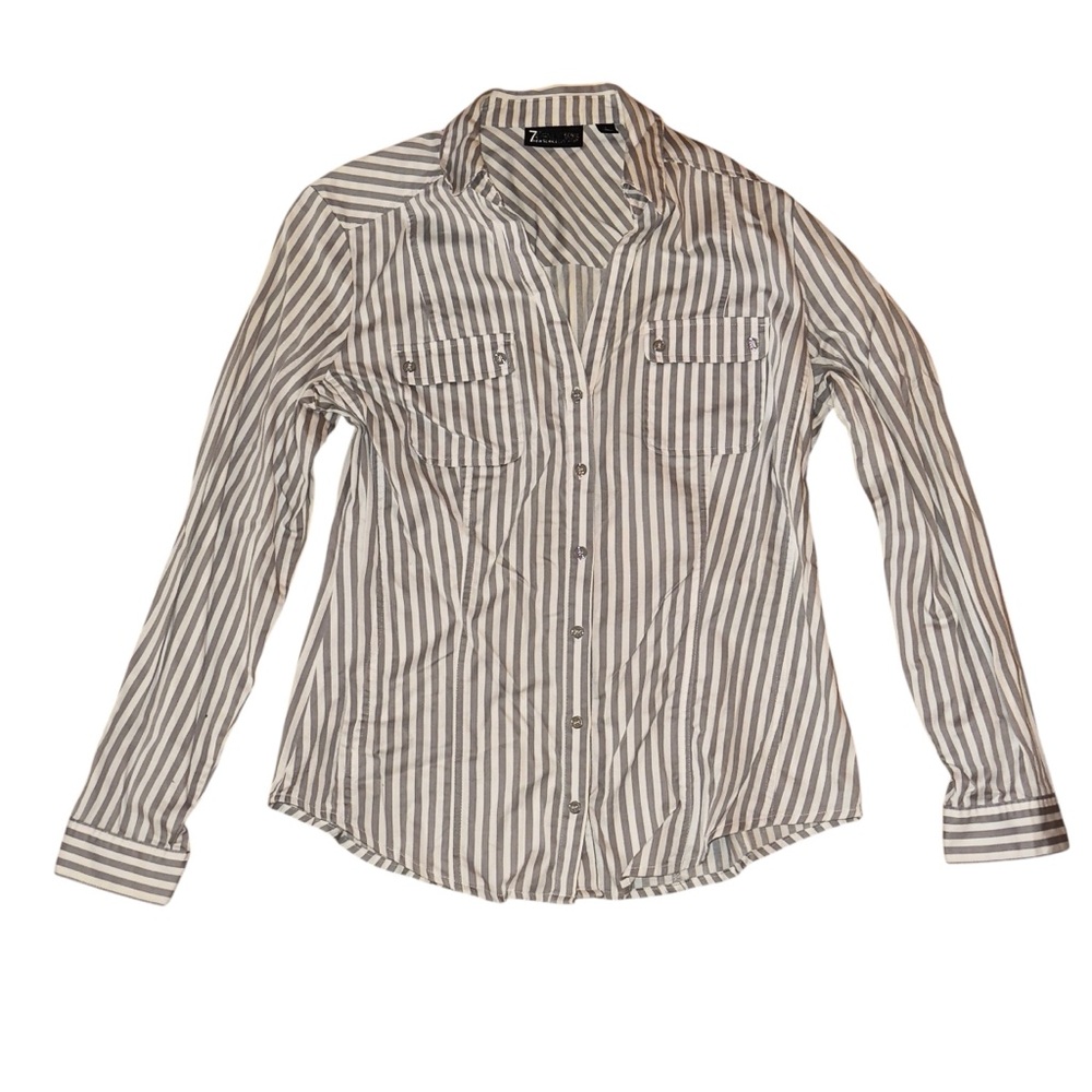 New York & Company V-Neck Stylish Button-Up Striped Shirt